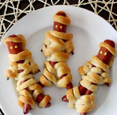 walking mummy hot dog treats halloween pillsbury darlene michaud